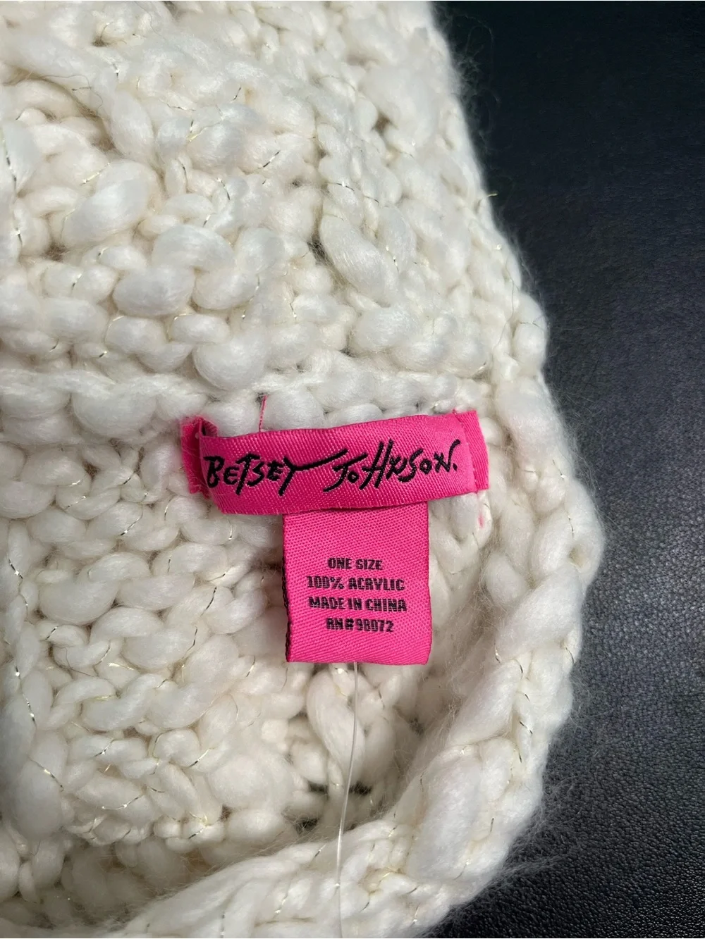 Betsey Johnson Ivory Chunky Knit Scarf with Pearl & Metallic Thread Detail
